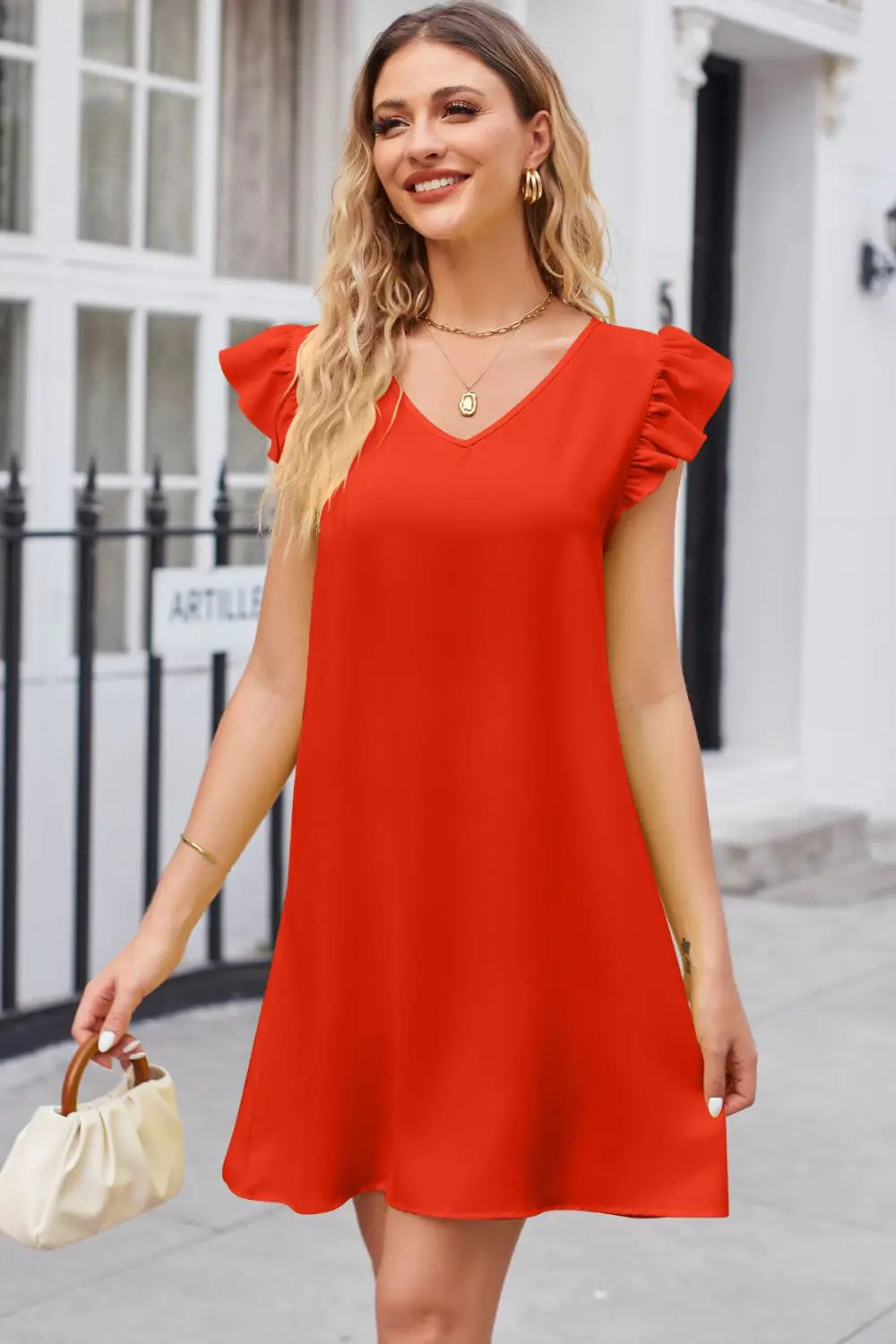 Ruffled V-Neck Flutter Sleeve Dress