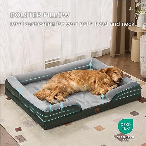 Bedsure XXL Orthopedic Dog Bed - Washable Great Dane Dog Sofa Bed for Giant Dogs, Supportive Foam Pet Couch Bed with Removable Washable Cover, Waterproof Lining and Nonskid Bottom, Dark Green